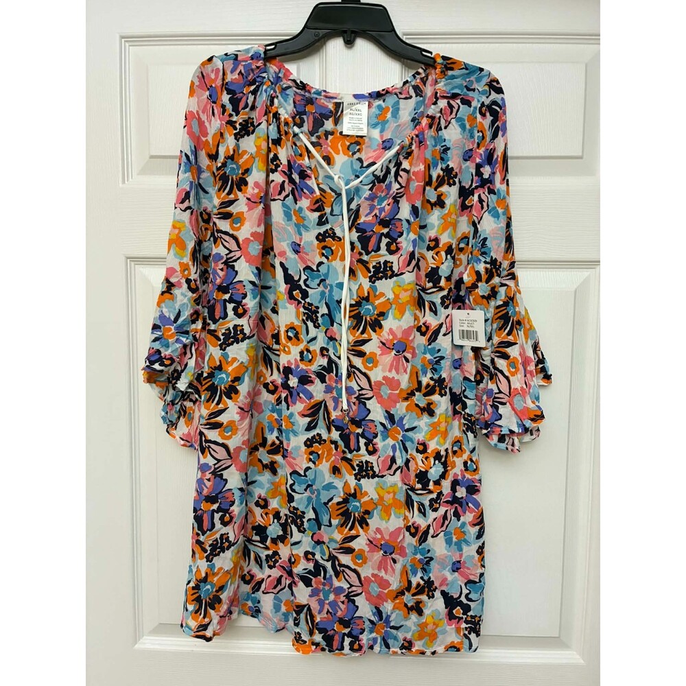 Anne‎ Cole Floral Tunic Top XL XXL Long Sleeve Boho Rayon Blouse NWT